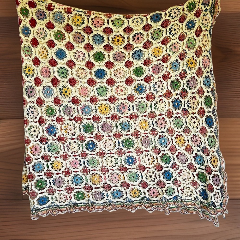 VTG Hand Crocheted Floral Heirloom Tablecloth Colorful & Ecru 60x60" Card Table